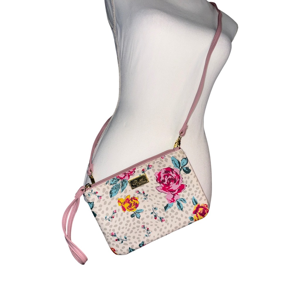 Luv Betsey Johnson Floral Cheetah Print Crossbody Wristlet Bag Cream Pink Gold